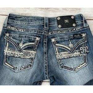 Miss Me Low Rise Bootcut Jeans Womens 28 Rhinestone Flap Pocket Stud 29" Inseam‎